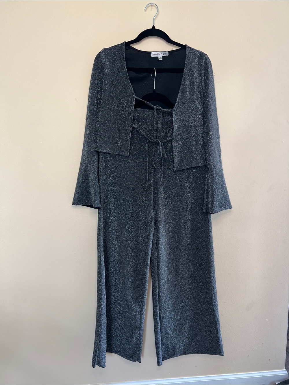 Madden Girl Metallic Charcoal Tie-Front Jumpsuit with Bolero